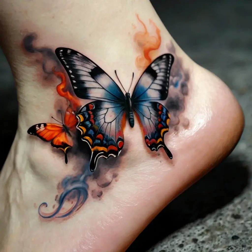 A vivid tattoo featuring two butterflies; one large, blue and orange with smoky accents, and a smaller orange one, on a foot.