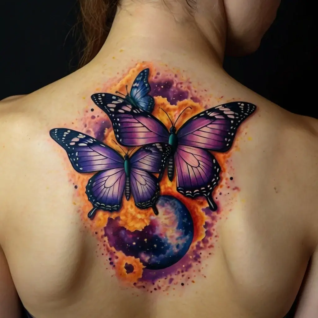 Vibrant tattoo of purple butterflies over a cosmic backdrop, with a crescent moon and fiery orange nebula on upper back.