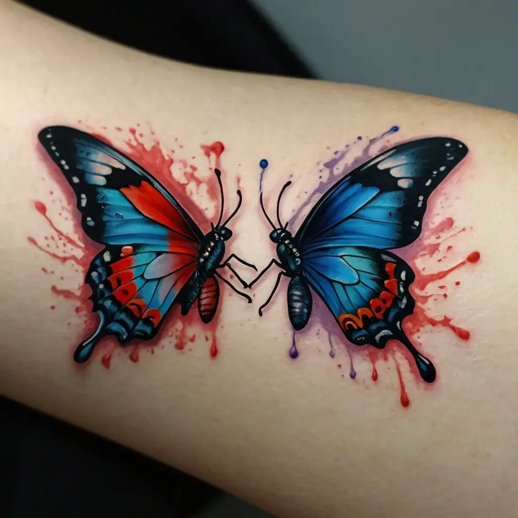 Two realistic butterflies, one red and blue, the other blue and purple, face each other with watercolor splashes behind.