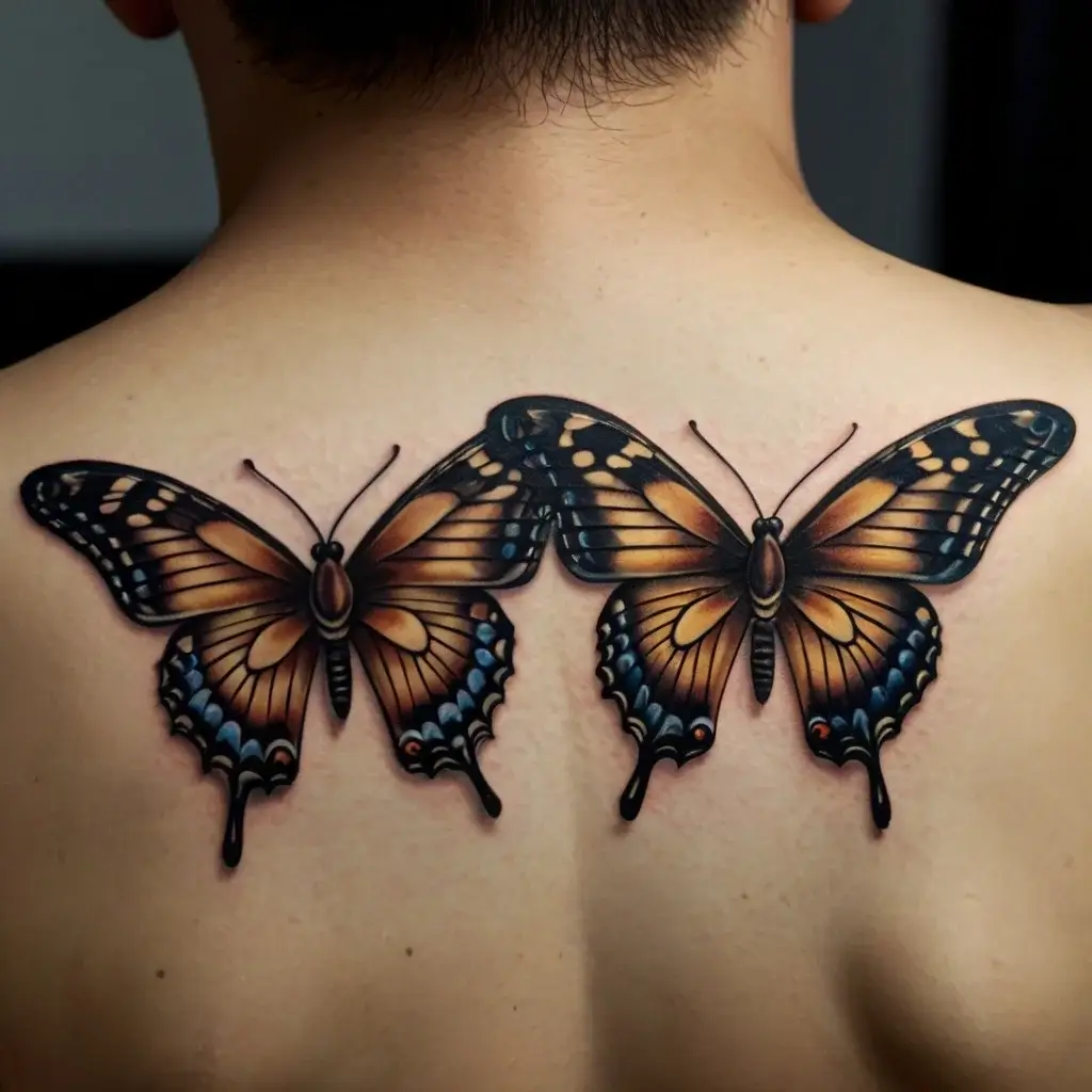 Two realistic butterflies tattooed on a back, with detailed orange, black, and blue patterns, showcasing intricate artistry.