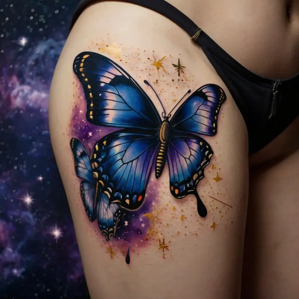 A vibrant blue butterfly tattoo with cosmic background, featuring stars and nebulae, blending realism and fantasy on the hip.