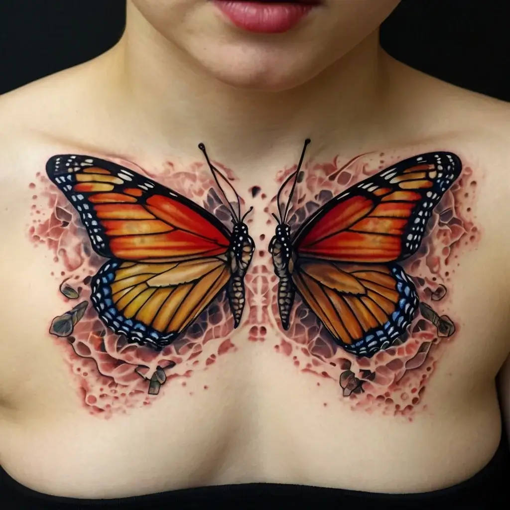 A vivid monarch butterfly tattoo spans the chest, detailed with realistic oranges and blacks, set against a textured background.