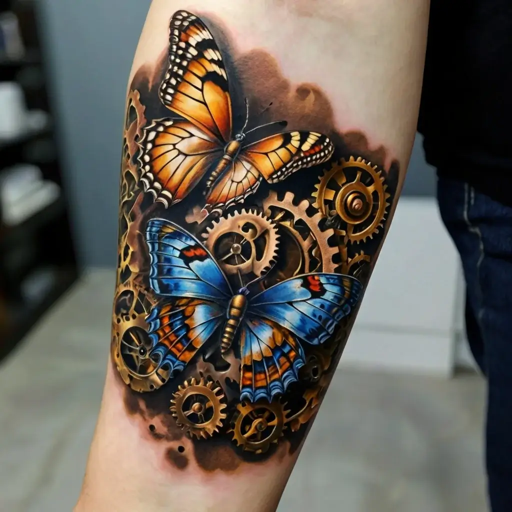 A vibrant tattoo of two butterflies—one orange, one blue—amidst intricate, golden gears on an arm, blending nature and machinery.