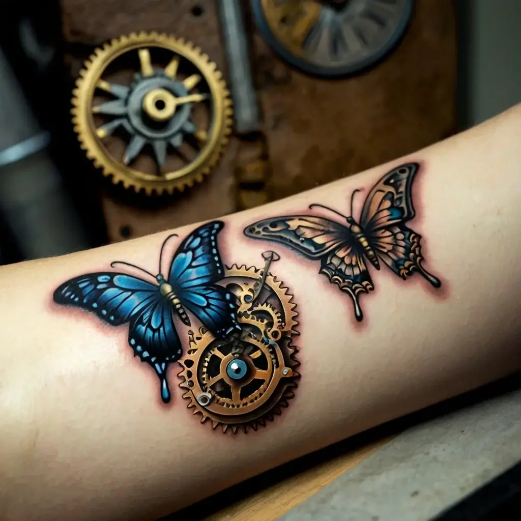 Tattoo of blue butterfly merging into mechanical gears, symbolizing transformation and the fusion of nature and machinery.