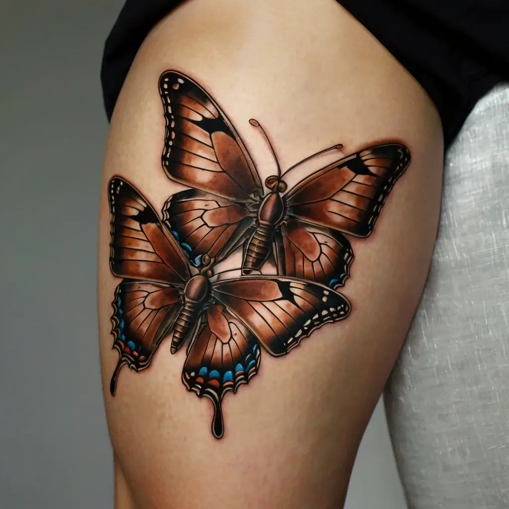 Realistic tattoo of two brown butterflies on a thigh, with detailed wings featuring blue and white accents.