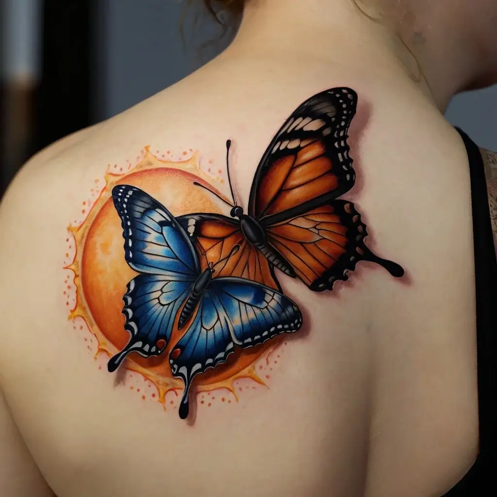 Two vivid butterflies, orange and blue, with realistic shading, sit against a sun-like circle on a person's shoulder blade.