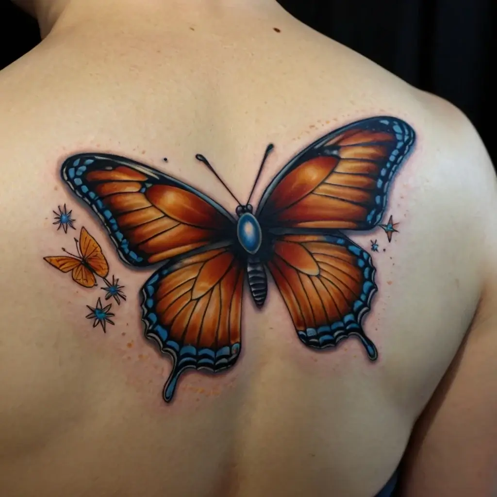 Vibrant orange butterfly tattoo with blue accents and smaller butterflies, symbolizing transformation and beauty.