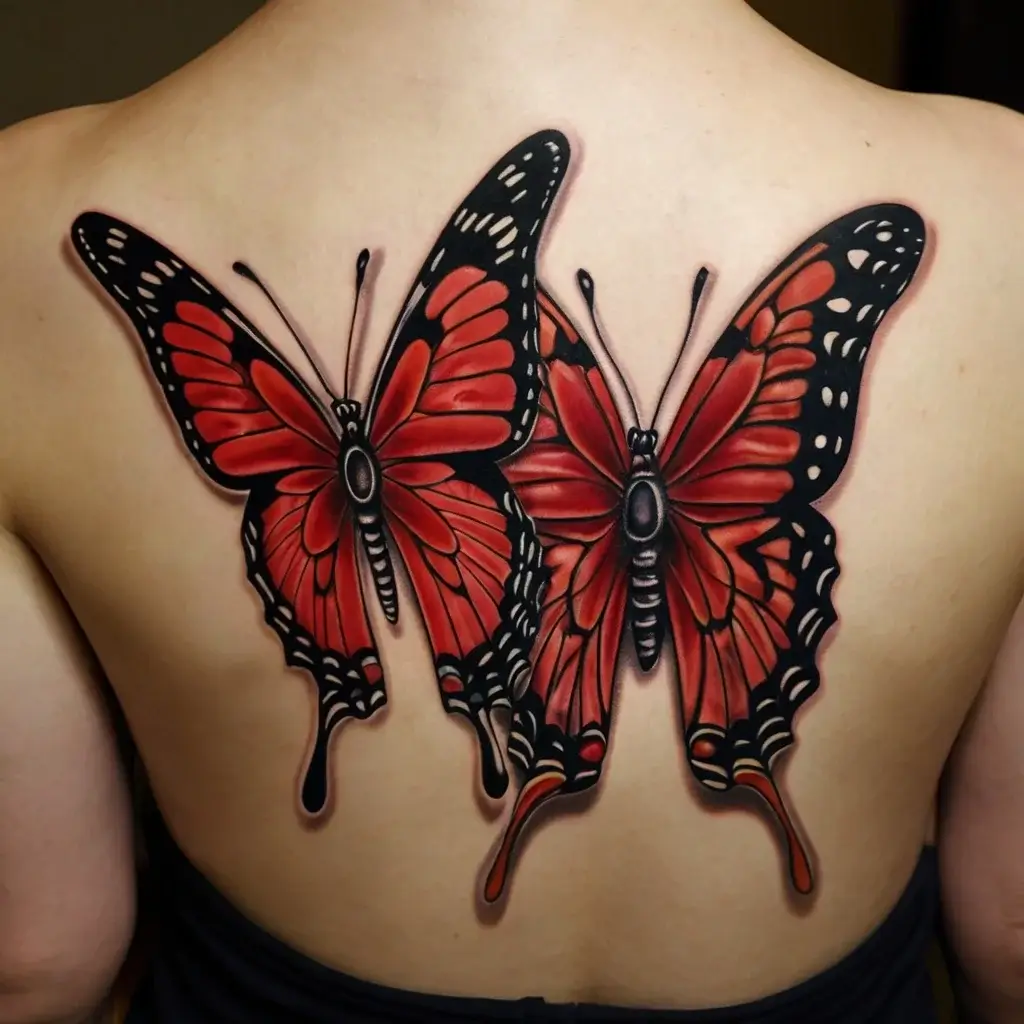 Two vibrant red and black butterflies tattooed symmetrically on the upper back, showcasing intricate wing patterns.