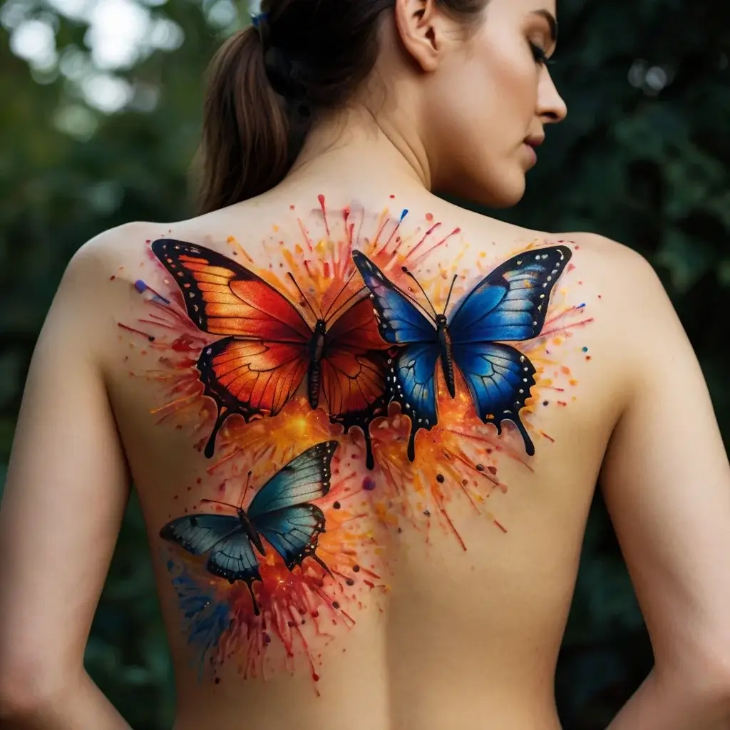 Vibrant tattoo of three butterflies with splashes of orange, blue, and red ink, creating a dynamic, colorful back piece.