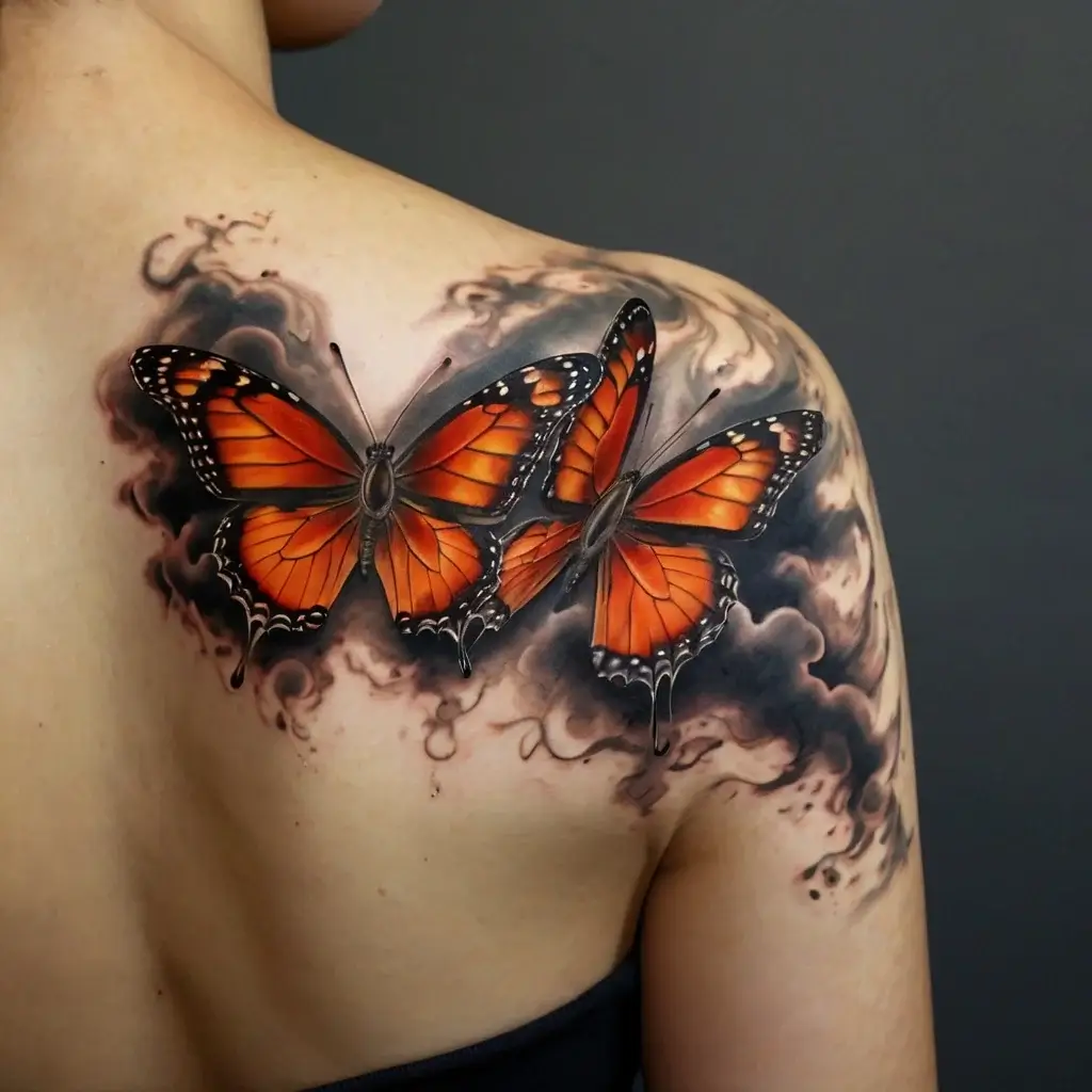 Realistic 3D tattoo of vibrant orange monarch butterflies amidst smoky swirls on an upper back and shoulder.