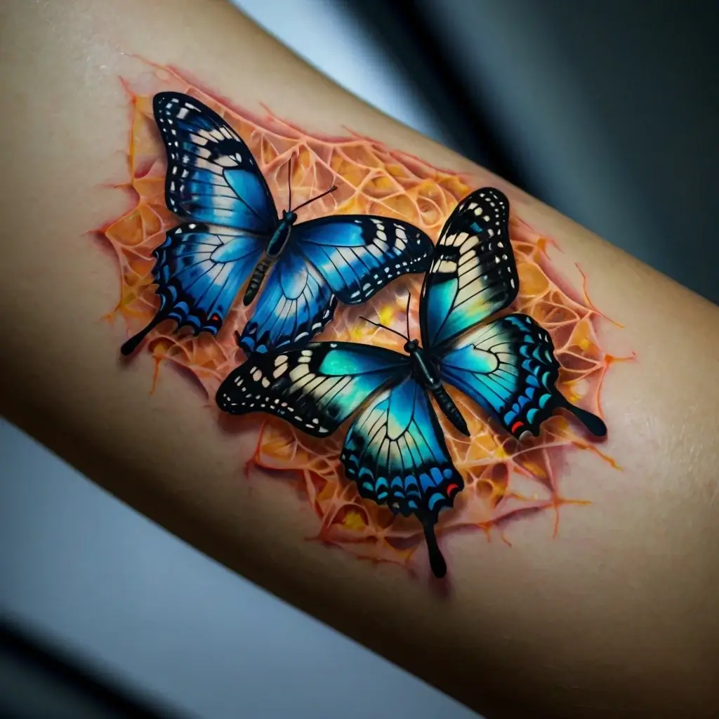 Tattoo of two blue butterflies with intricate patterns, set against a vivid orange geometric background, creating a 3D effect.