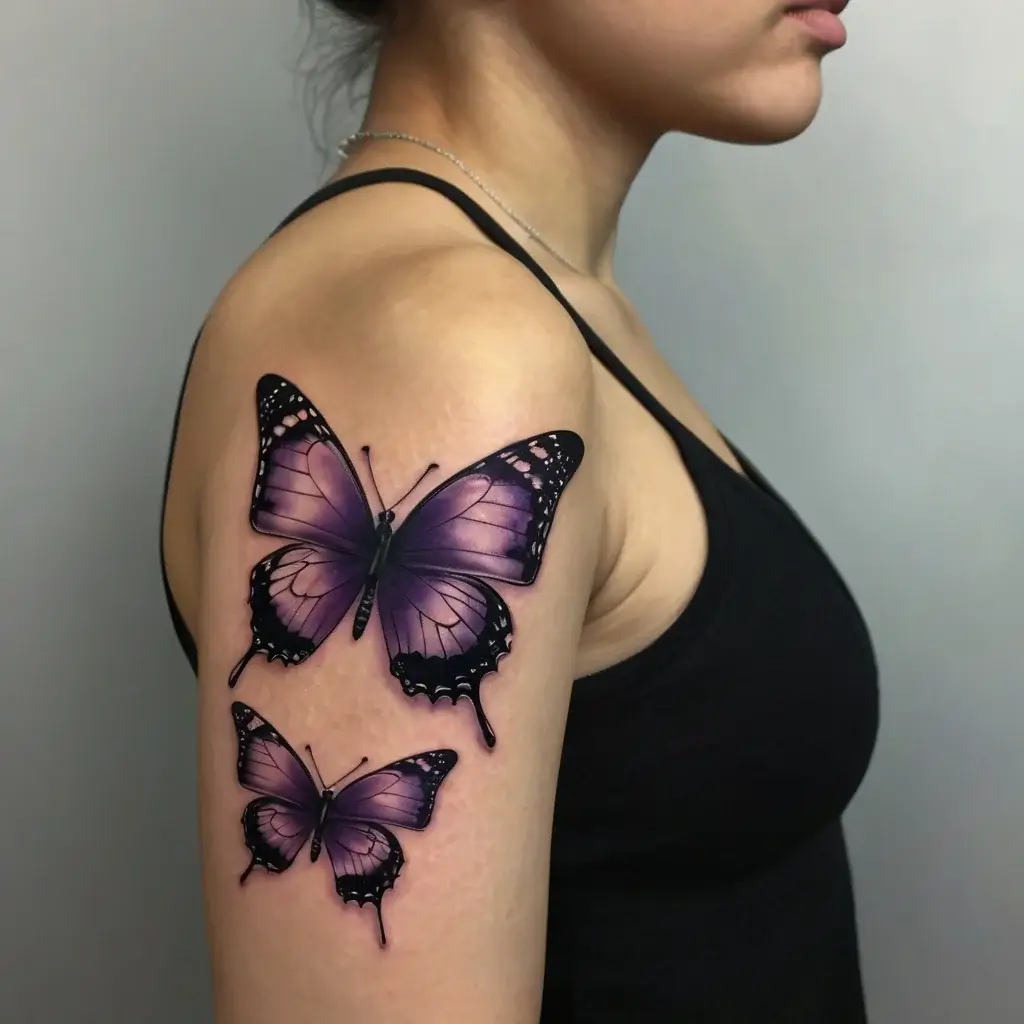 Two realistic purple butterflies adorn the arm, showcasing intricate wing patterns and a 3D effect.