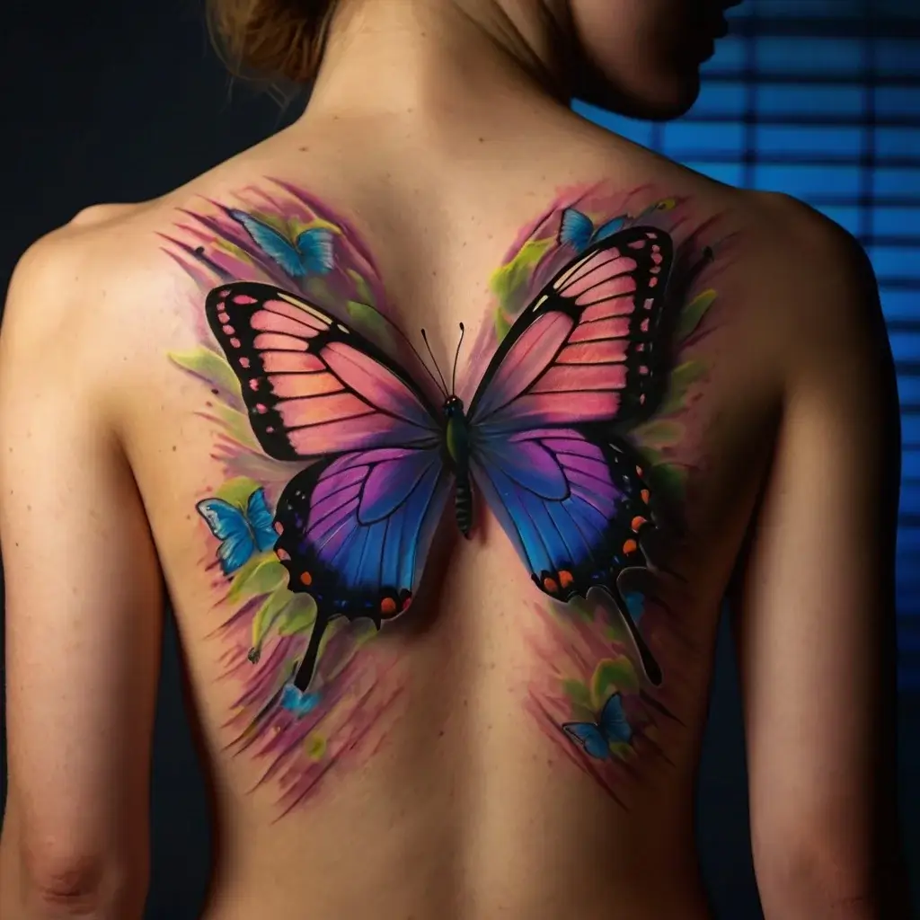 Vibrant, realistic butterfly tattoo in pink, purple, and blue spans the back, surrounded by smaller butterflies and foliage.