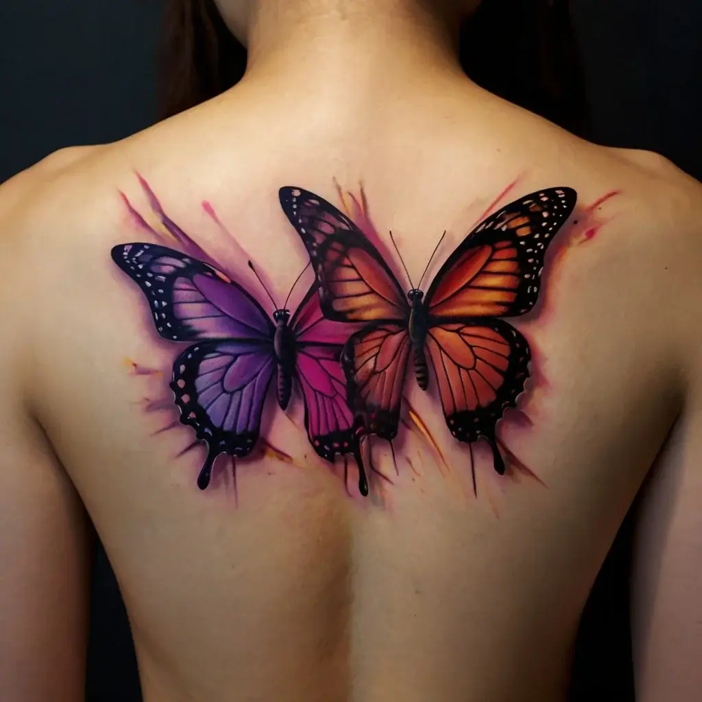 Twin butterflies on the back, one purple, one orange, with vivid 3D details and abstract background splashes.