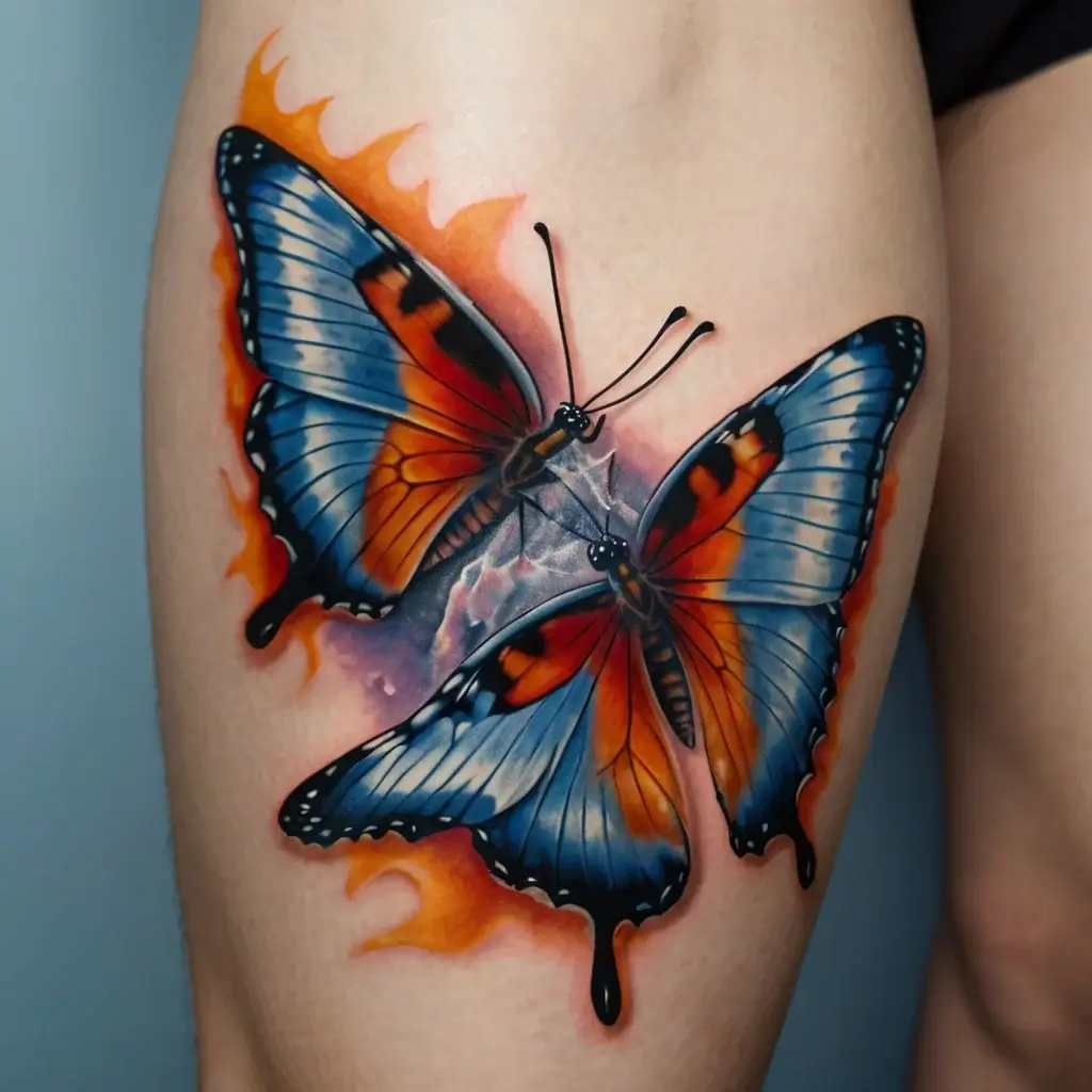 Vivid butterfly tattoo with blue and orange wings, framed by fiery accents, showcasing dynamic movement and bold contrast.