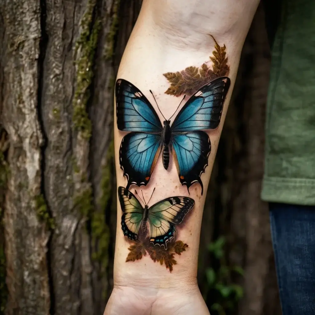 Detailed tattoo of two butterflies, one blue and one green, with realistic leaves on a forearm, against a tree background.