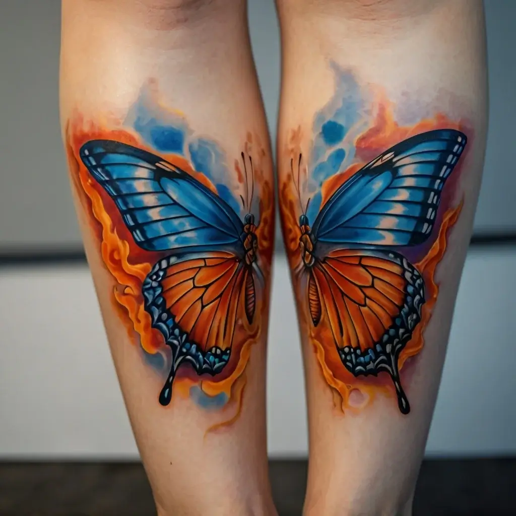 Vibrant butterfly tattoo with blue and orange wings, surrounded by fiery and smoky abstract accents on the forearm.