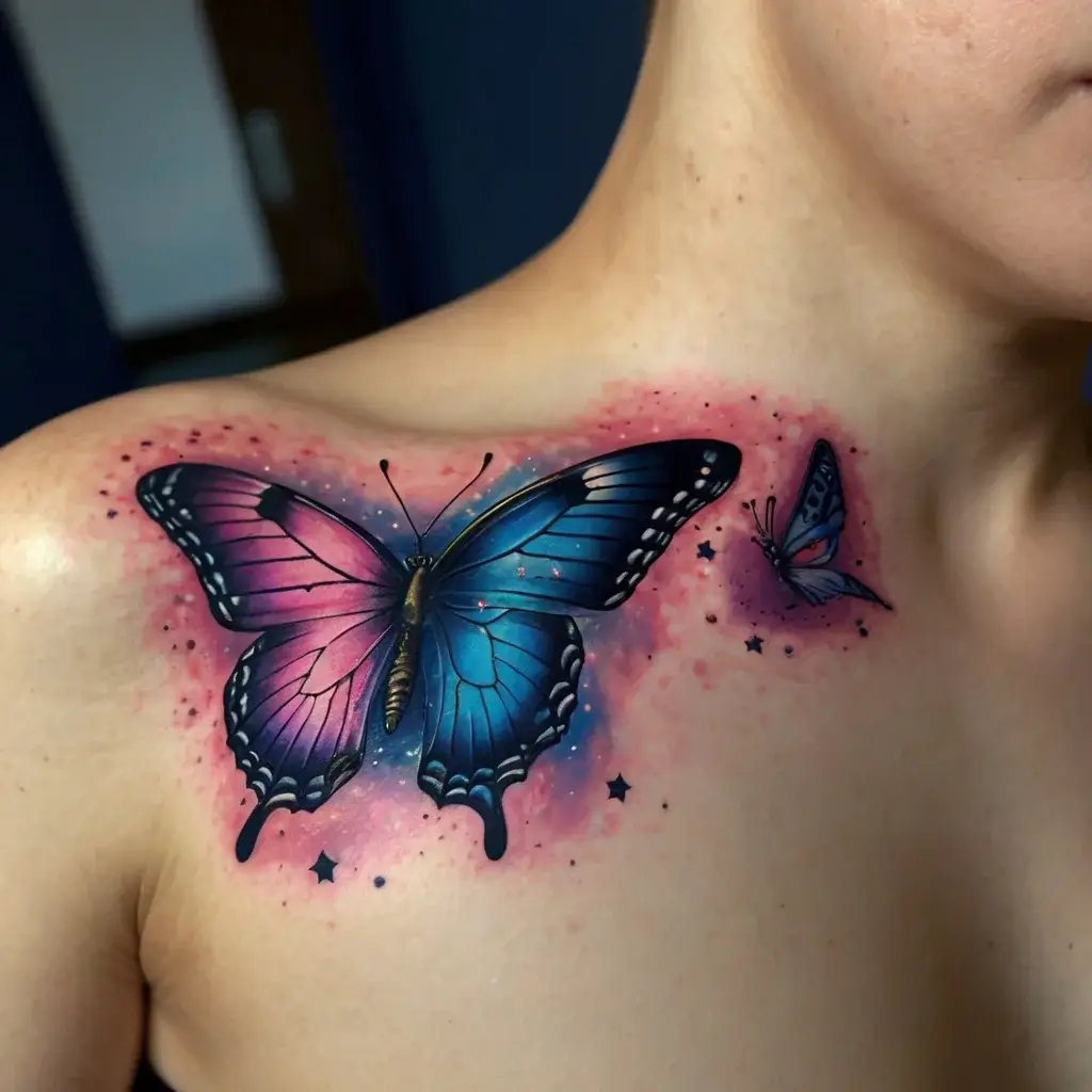 A vibrant tattoo of two 3D butterflies in blue and pink hues, detailed with star accents, on the upper shoulder area.