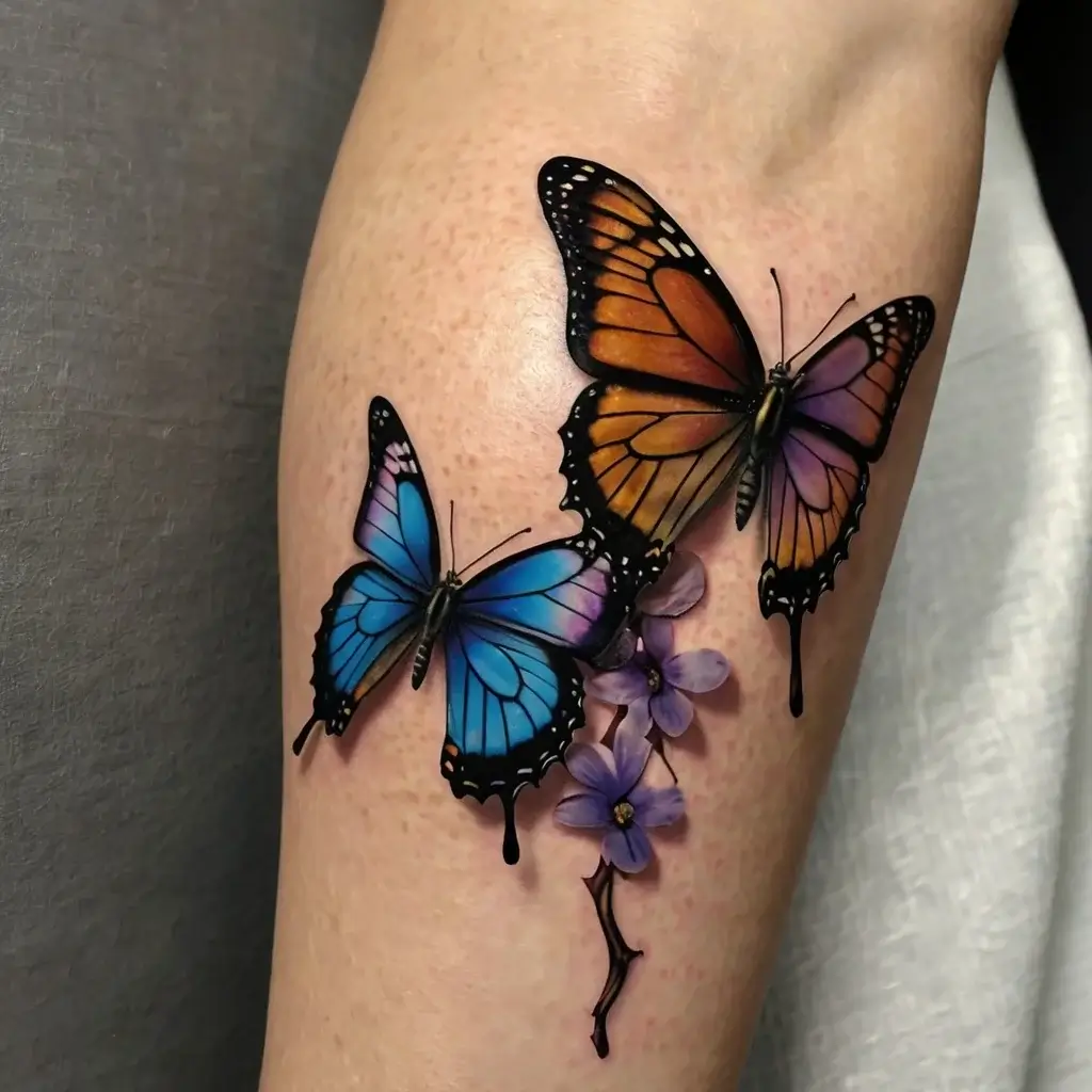 Tattoo of vibrant butterflies—one blue, one orange—with delicate purple flowers, creating a striking 3D effect.