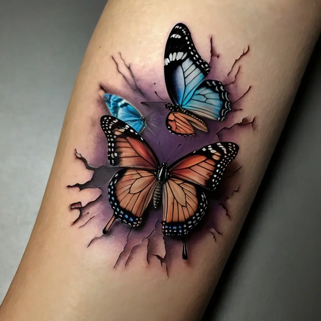 Realistic butterflies with vibrant orange and blue hues emerge from a cracked skin effect, creating a vivid 3D illusion.