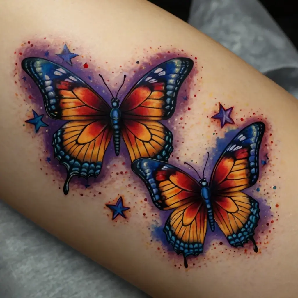 Two vibrant butterflies with orange and blue wings, surrounded by colorful stars and splatter effect, symbolize transformation.