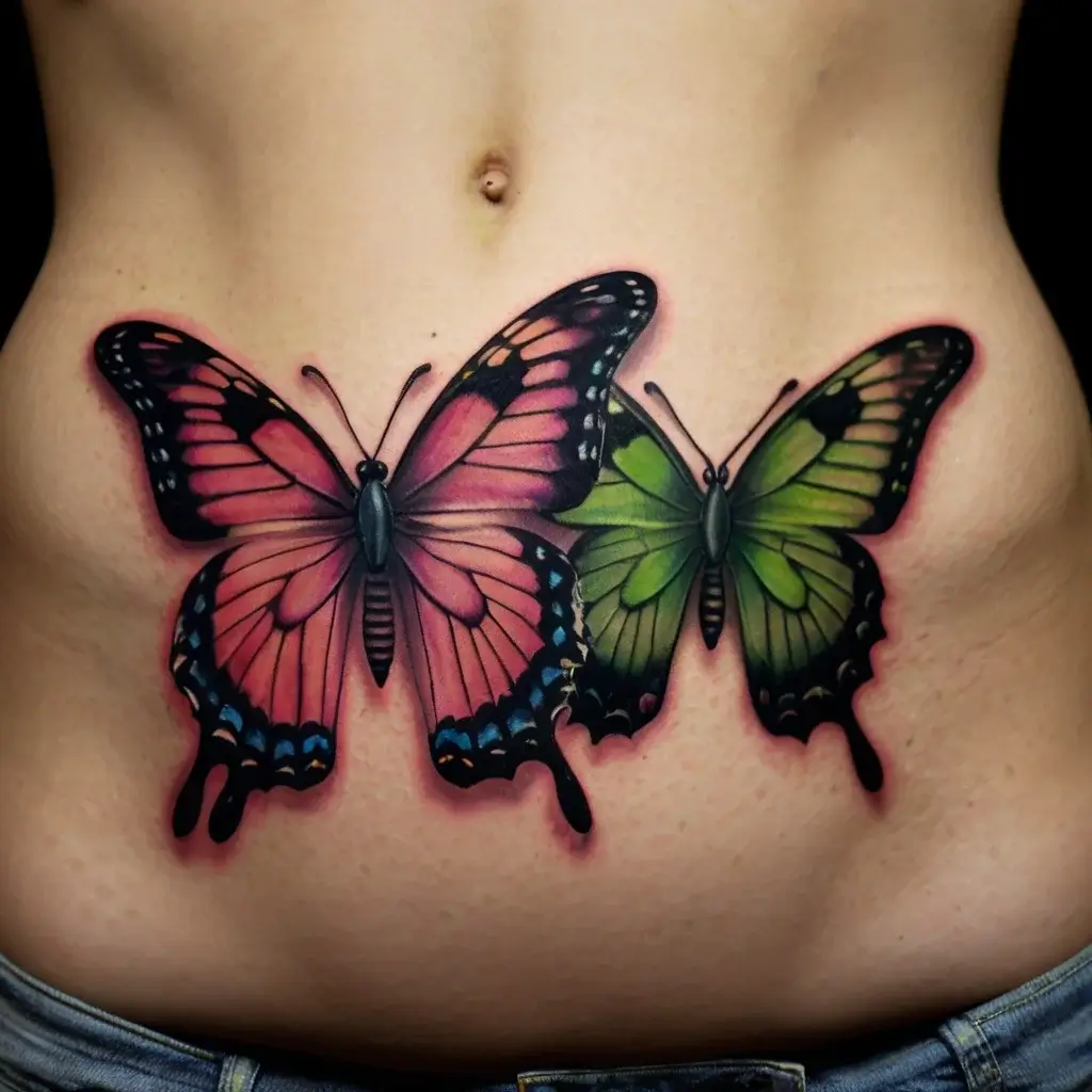 Two vibrant butterflies tattooed on the lower abdomen, one in pink hues and the other in green, detailed with black accents.