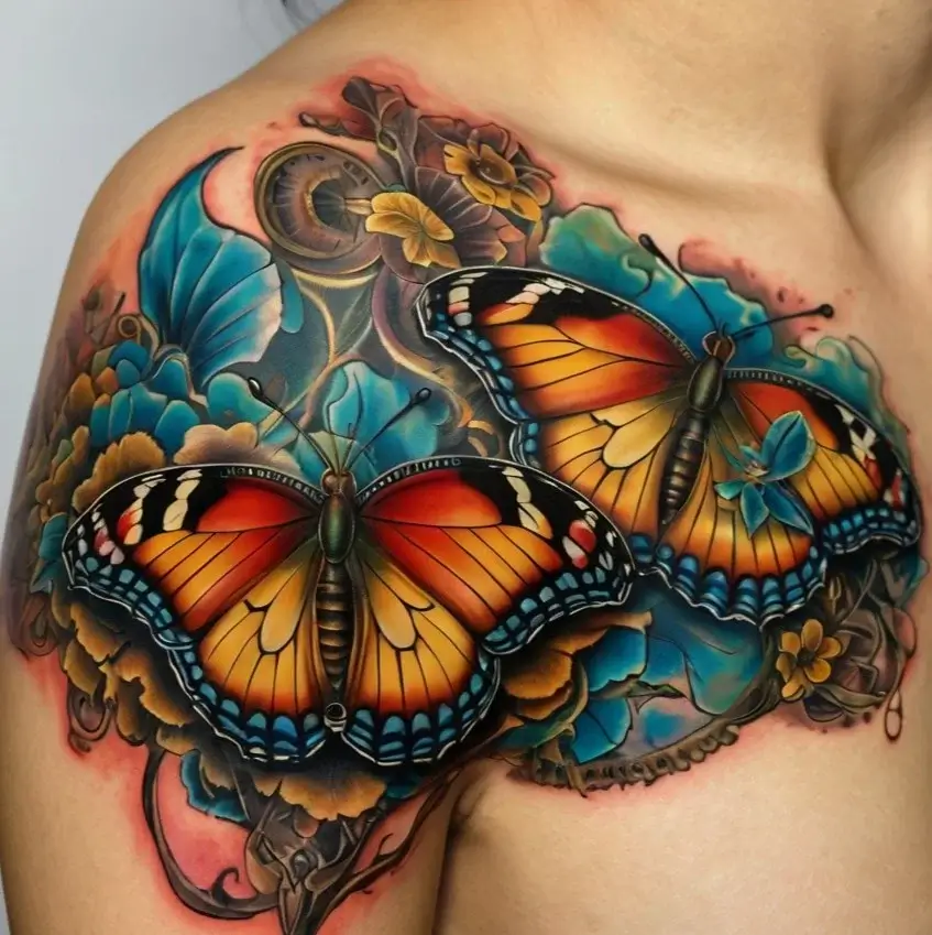 Vivid tattoo of two colorful butterflies amidst blue and yellow flowers, accented with detailed leaves and swirling vines.