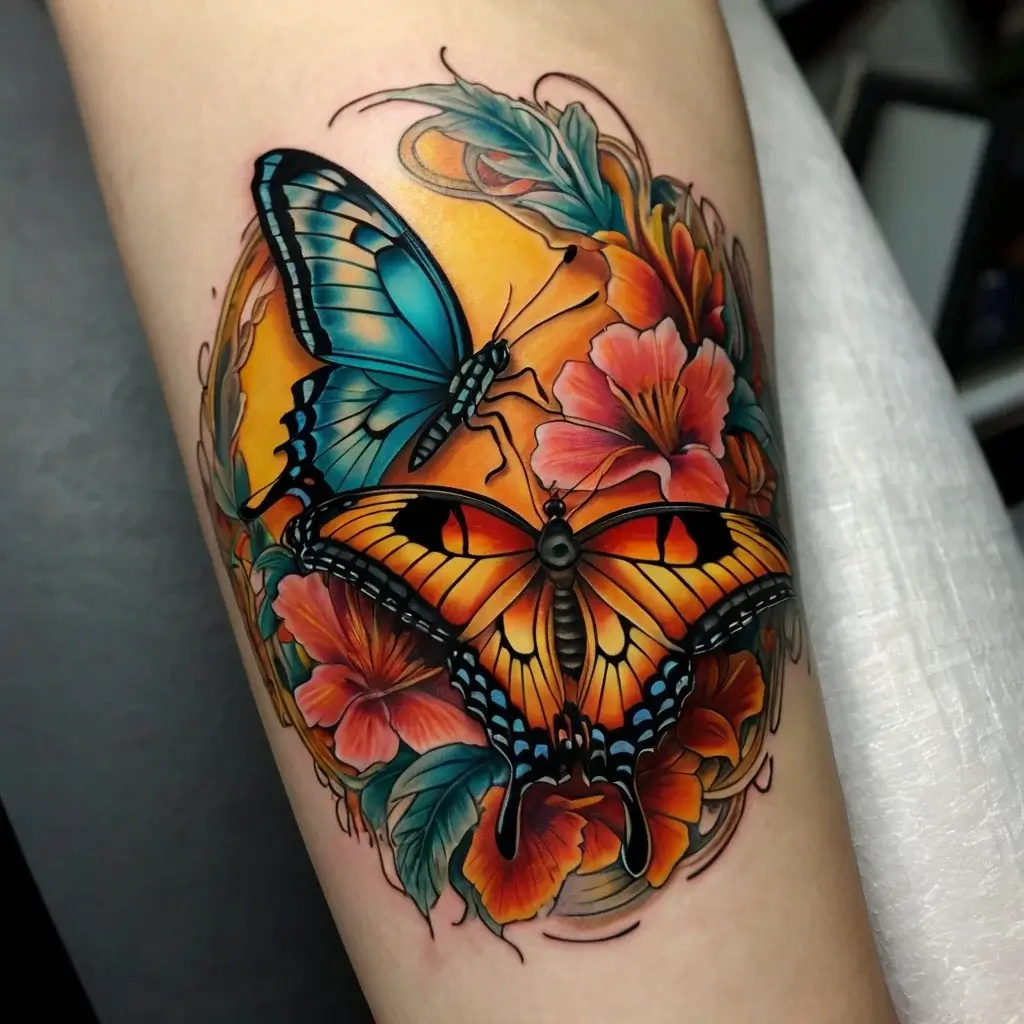 A vibrant tattoo depicting a blue and orange butterfly among detailed, colorful flowers, set against a radiant orange backdrop.