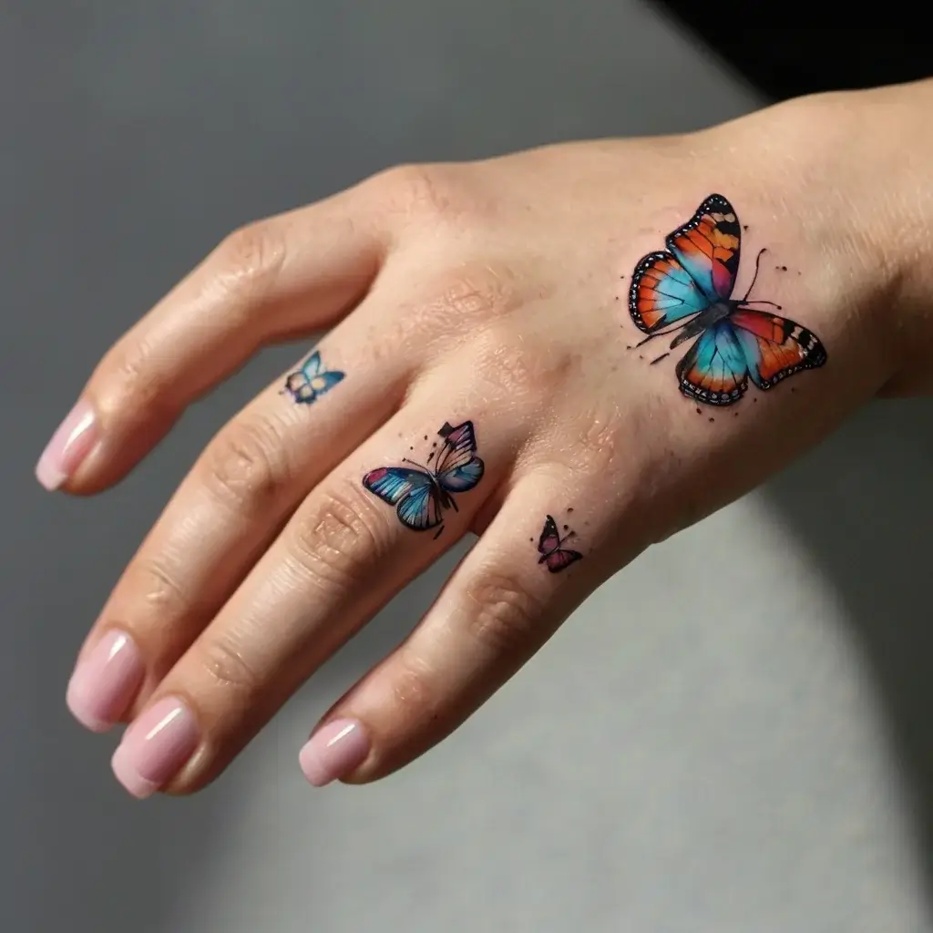 Colorful butterfly tattoos on hand and fingers, featuring vibrant blue and orange hues, symbolize transformation and freedom.