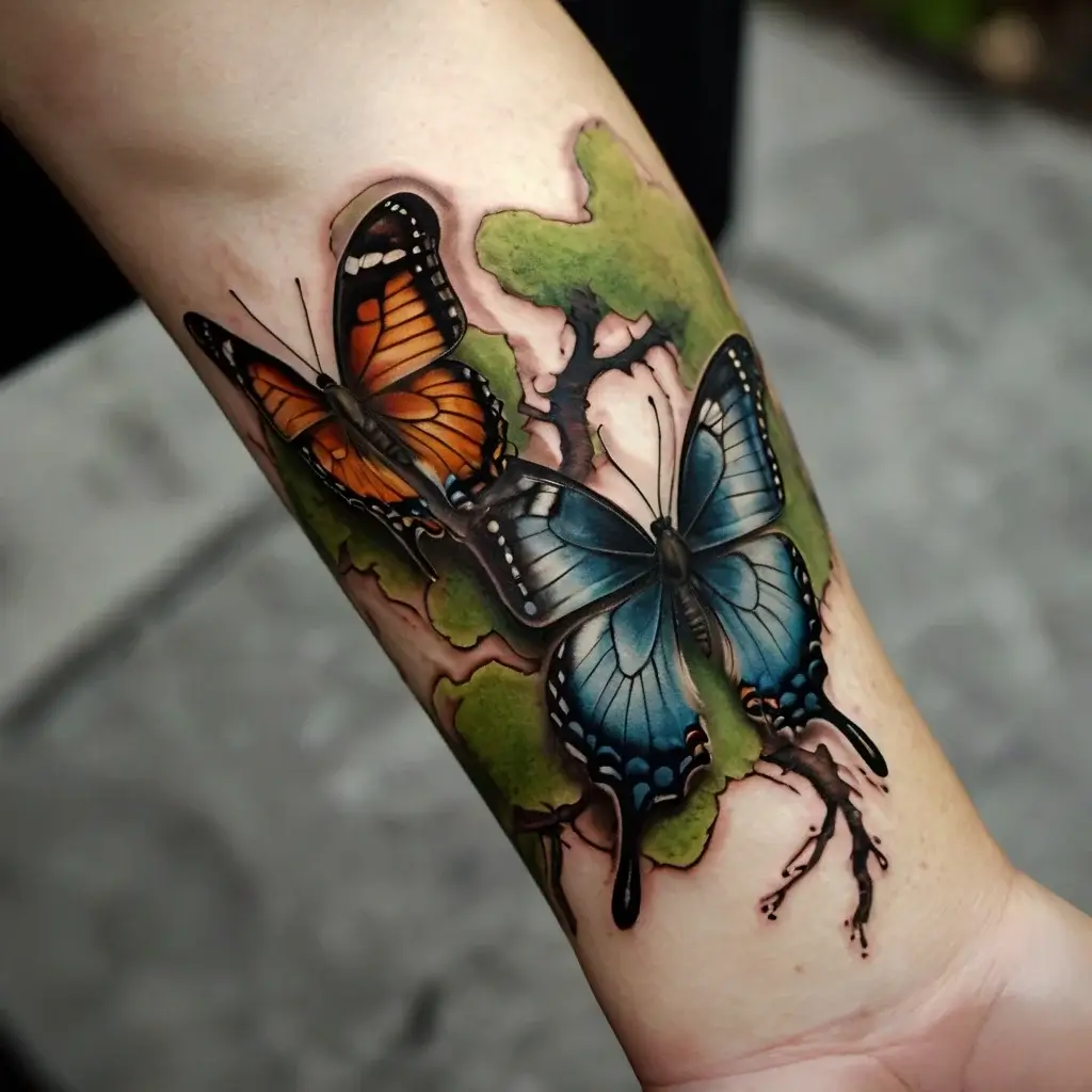 Realistic tattoo of one orange and one blue butterfly resting on a mossy branch, showcasing intricate details and shading.