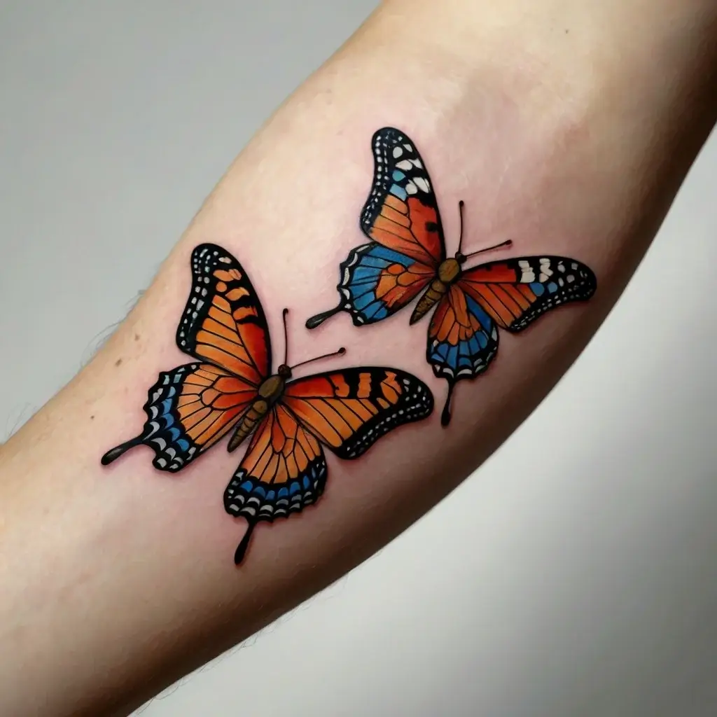 Two vibrant butterflies tattooed, with detailed orange and blue wings, symbolize transformation and freedom on the forearm.