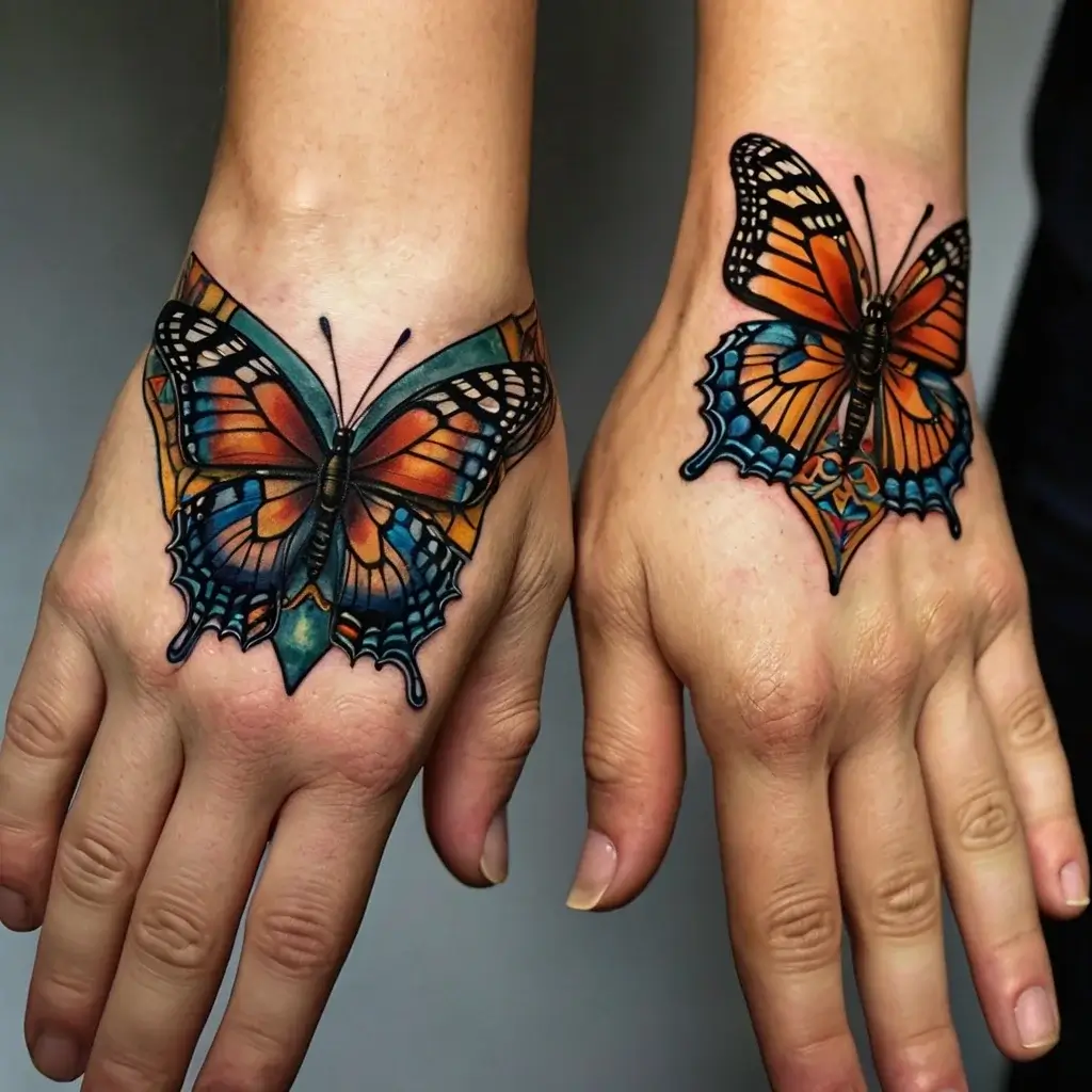 Vivid butterfly tattoos on hands, featuring vibrant orange, blue, and black hues, showcasing lifelike, intricate details.