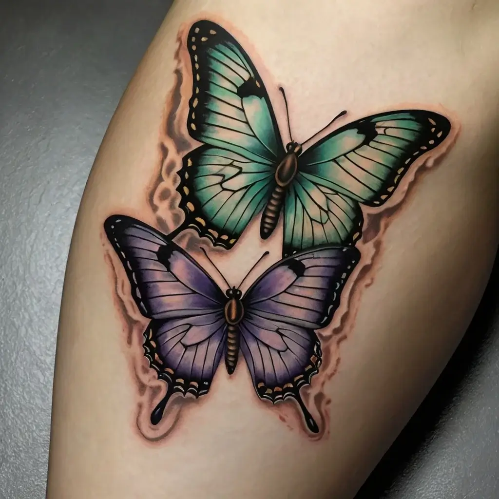 Two realistic butterflies, one teal and one purple, with detailed wings and soft shadowing, appear vibrant and lifelike.