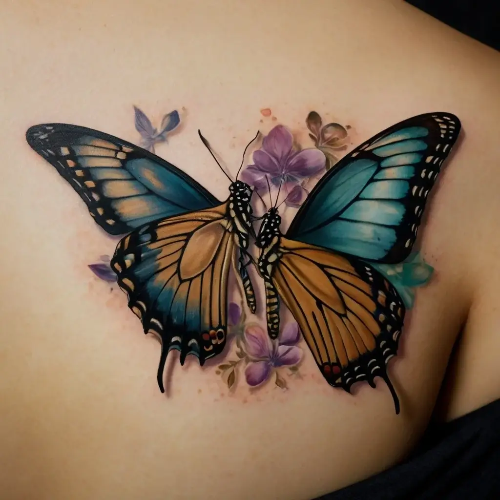 Vivid butterfly tattoo with vibrant blue and orange wings, set against delicate purple flowers for a harmonious design.