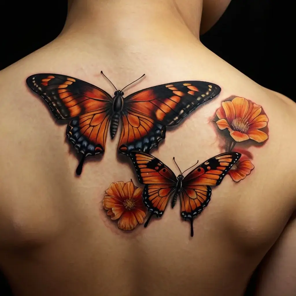 Tattoo of vibrant orange butterflies and flowers, detailed shading and highlights, creating a realistic 3D effect on the back.