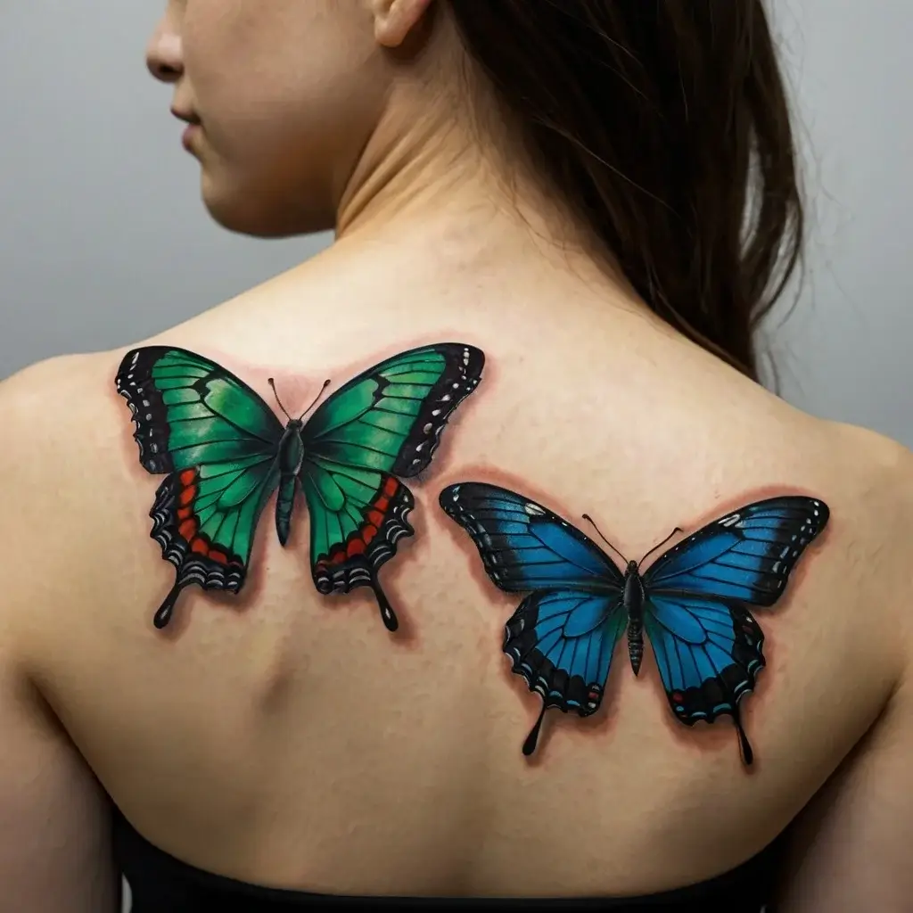 Realistic 3D tattoos of a vibrant green and a blue butterfly on the upper back, showcasing intricate details and shading.