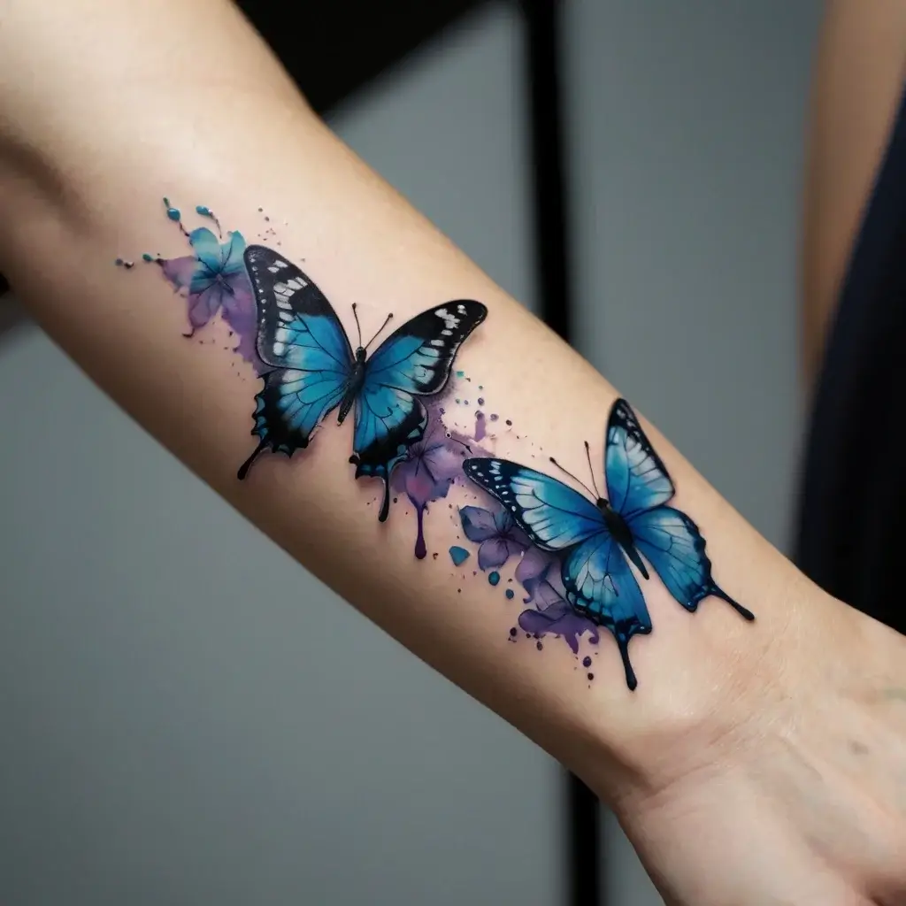 A vibrant tattoo featuring blue butterflies with intricate details, surrounded by purple watercolor splashes on the forearm.