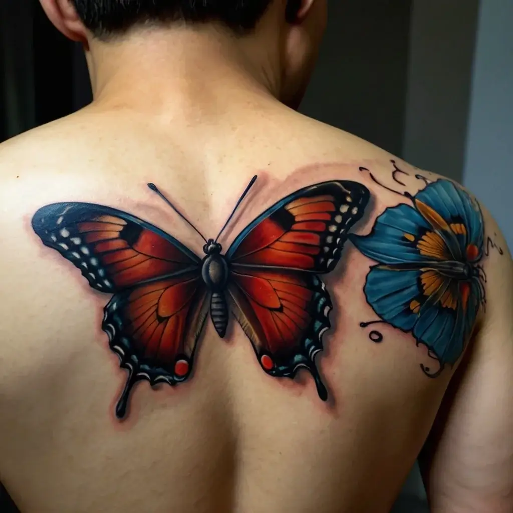 A vibrant back tattoo of a realistic butterfly in bold reds and blacks, paired with a stylized blue flower on the shoulder.