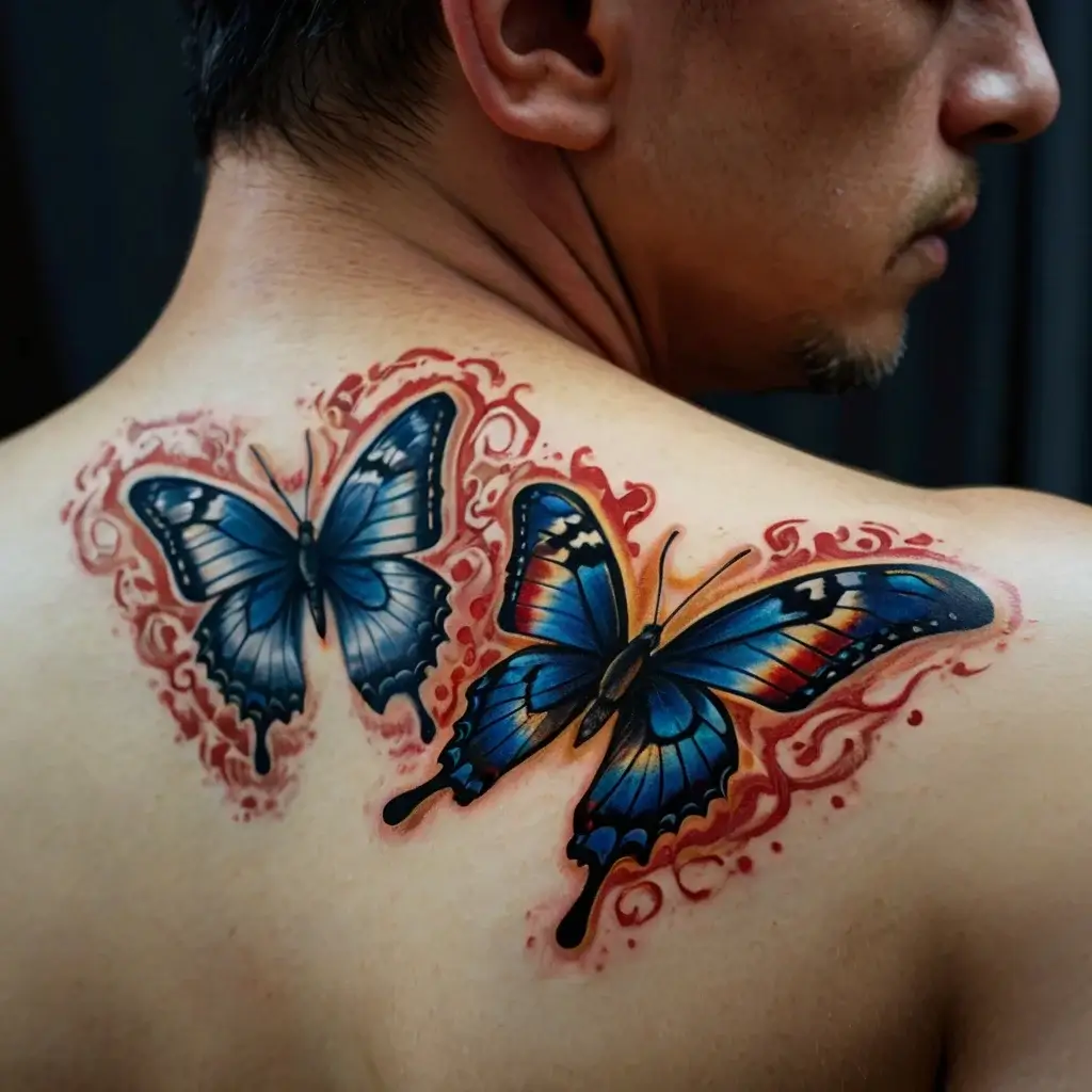 Two vivid blue and orange butterflies with ornate, fiery red swirls, inked on the upper back.