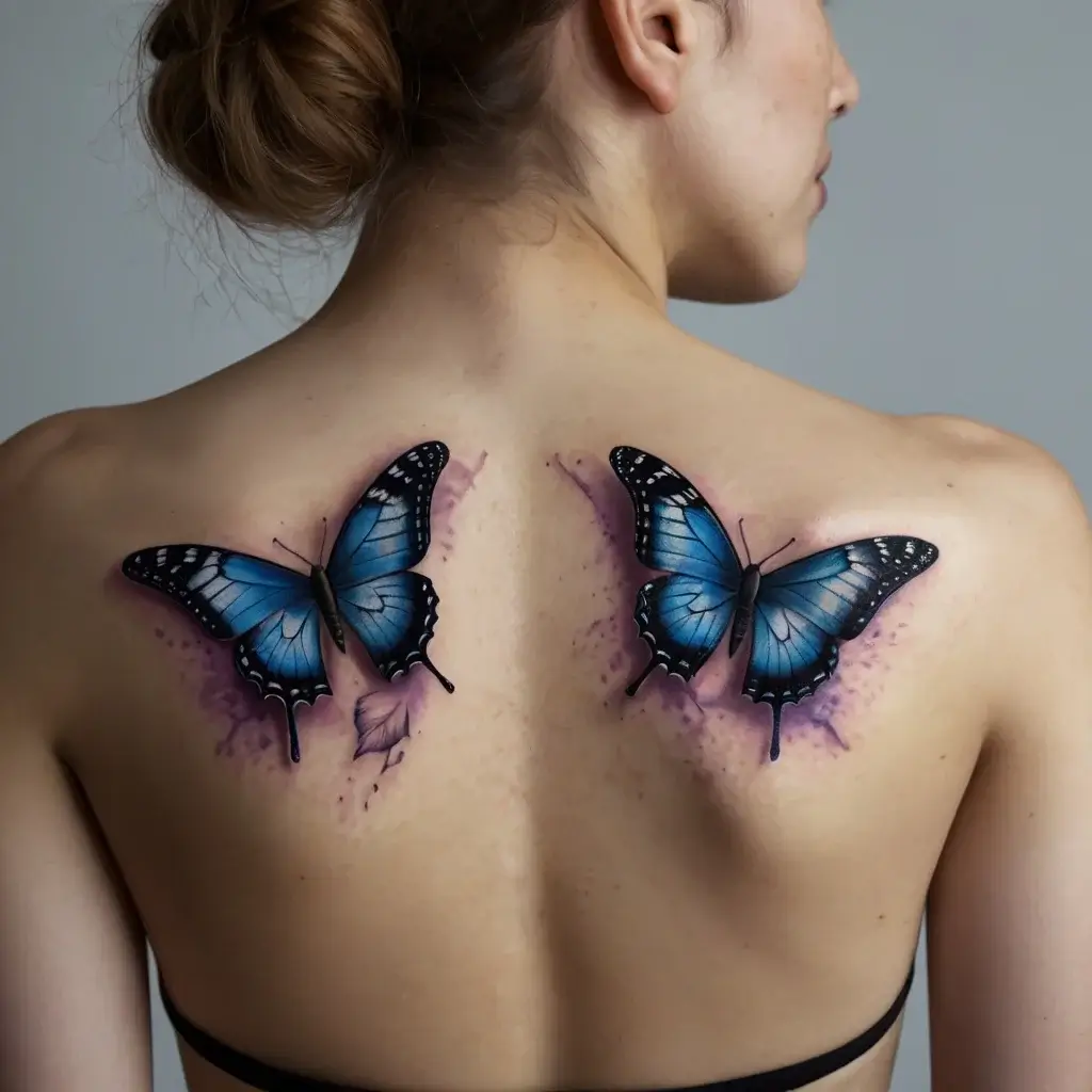 Two realistic blue butterflies tattooed on upper back, surrounded by subtle splashes of purple for a vibrant effect.