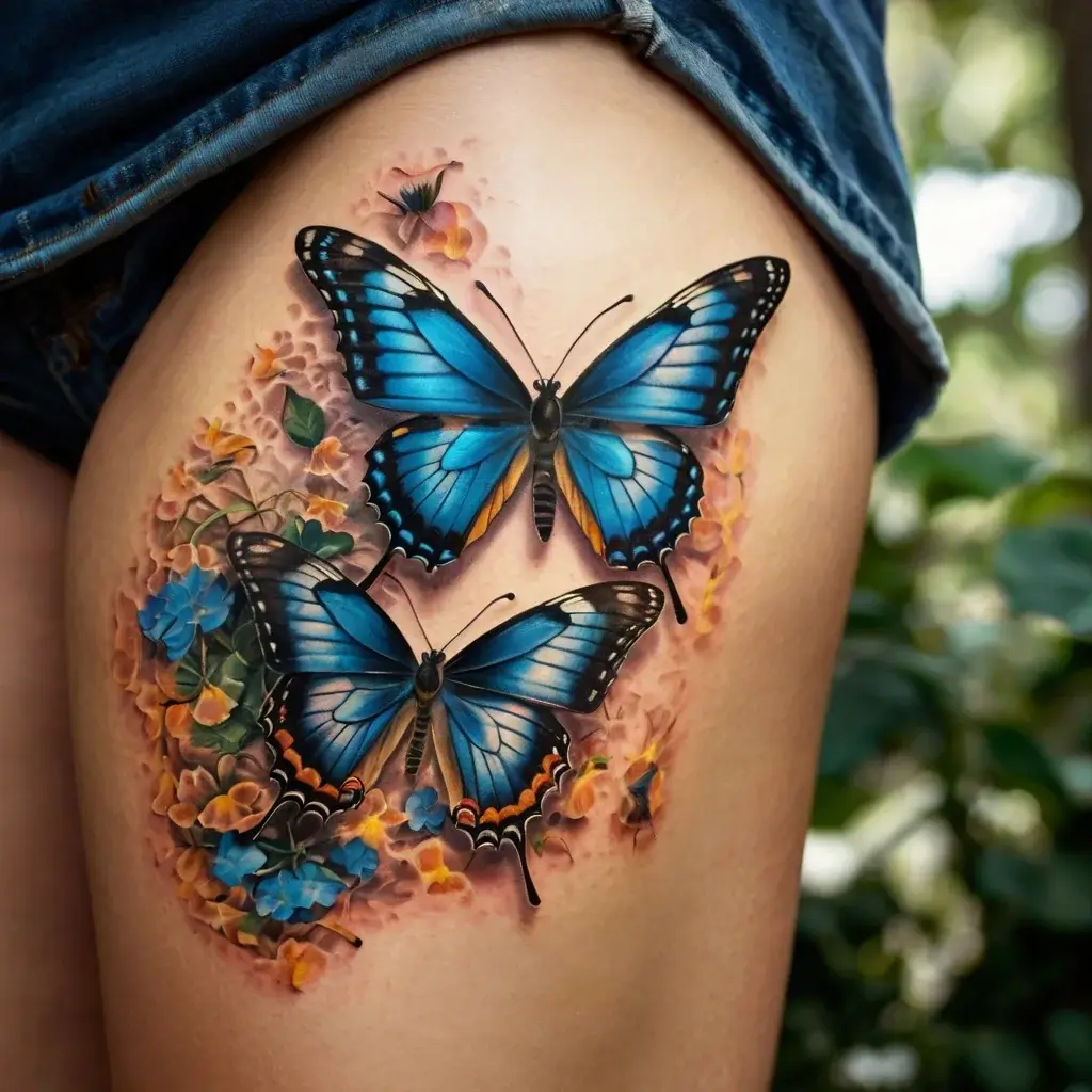 Two vivid blue butterflies with black accents on a thigh, surrounded by colorful orange and blue flowers.