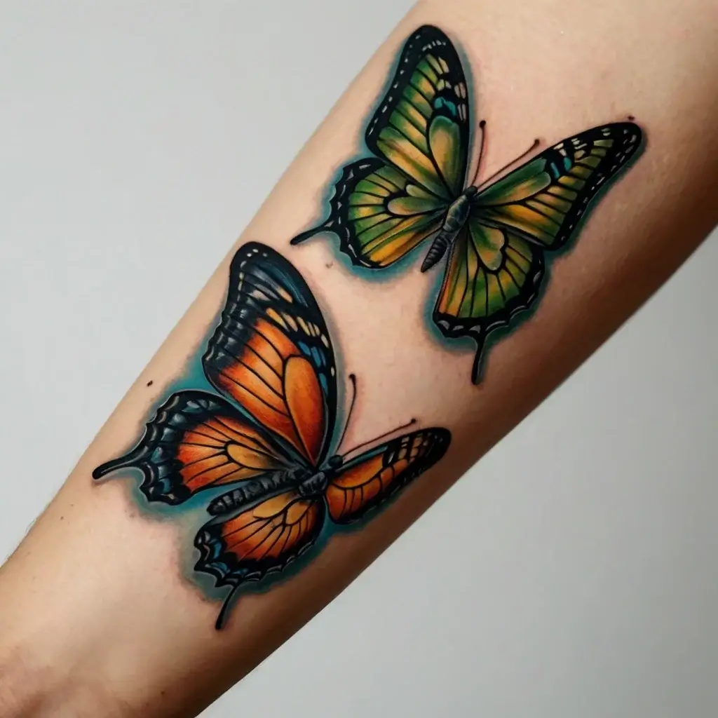 Two vibrantly detailed butterfly tattoos, one orange and black, the other green and black, on forearm skin.