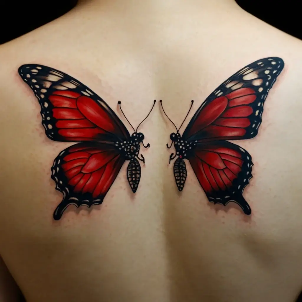 Tattoo of two vibrant red and black butterflies mirrored on the back, symbolizing transformation and symmetry.