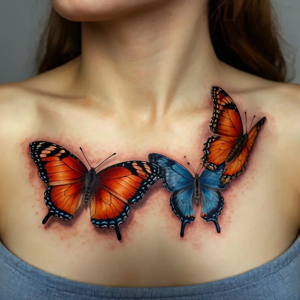 Realistic butterfly tattoos on the chest, with vivid orange, black, and blue wings, creating a lifelike 3D effect.