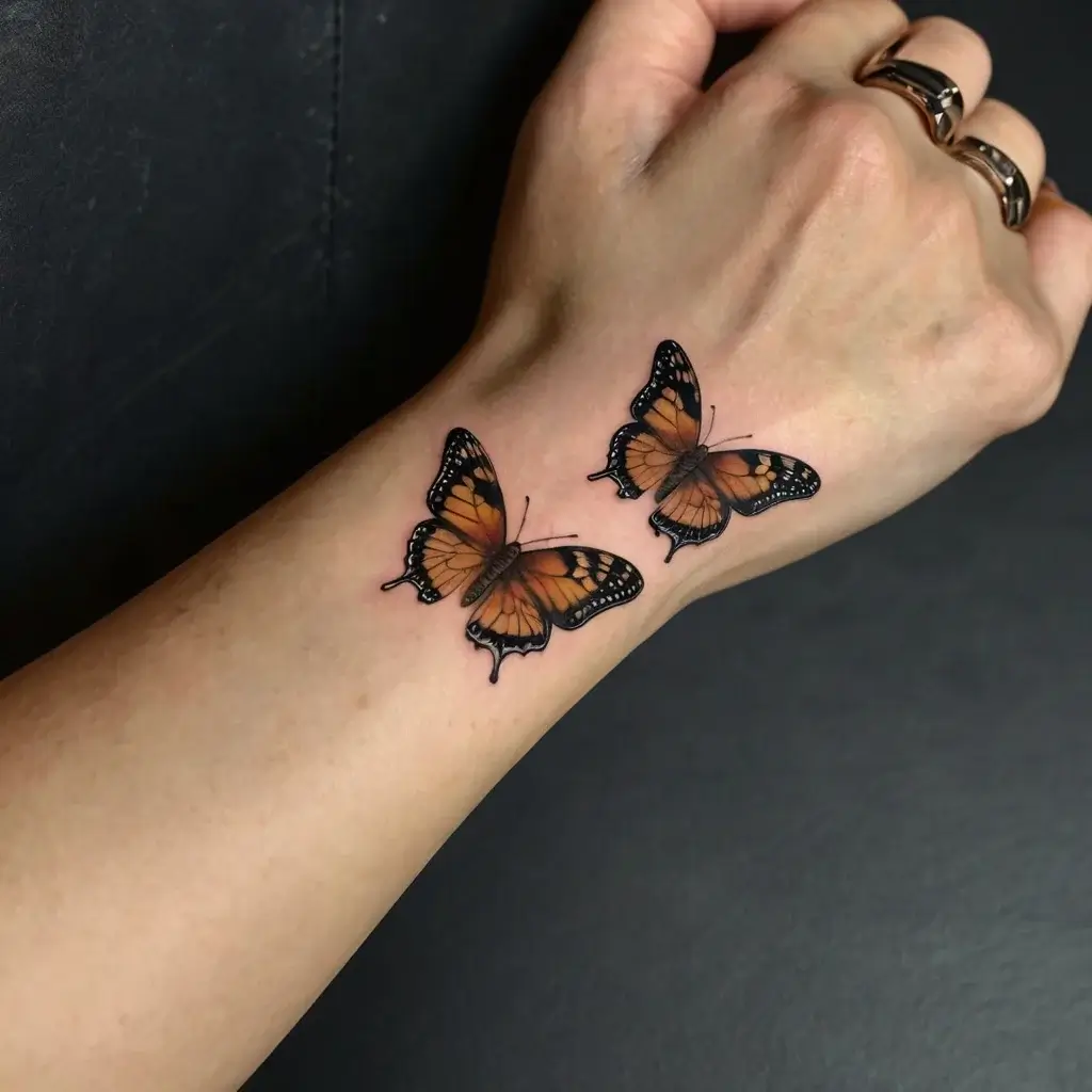 Realistic orange and black butterfly tattoos on the wrist, symbolizing transformation and freedom.