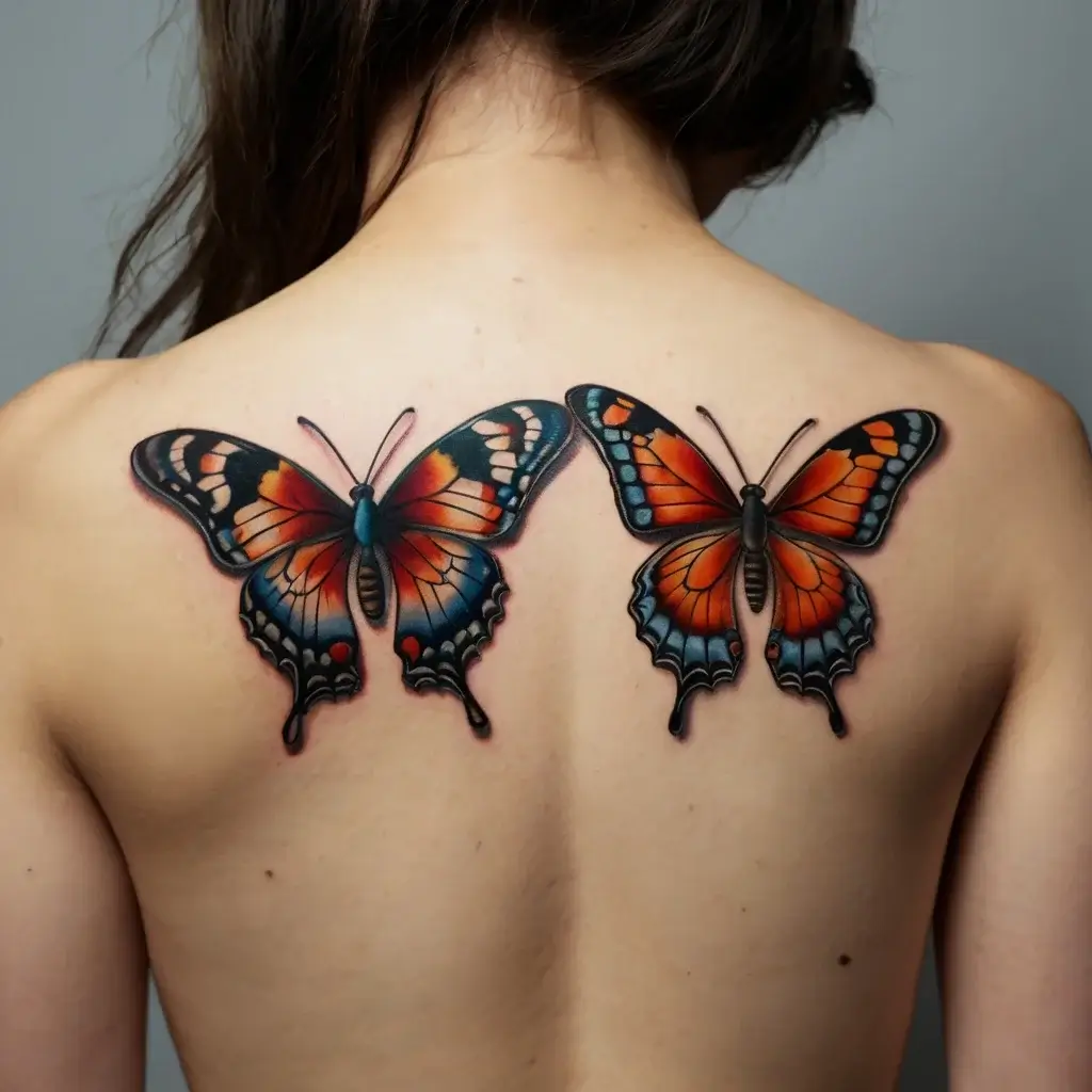 Two vibrant butterfly tattoos on the back, featuring red, orange, and blue hues with intricate black and white accents.