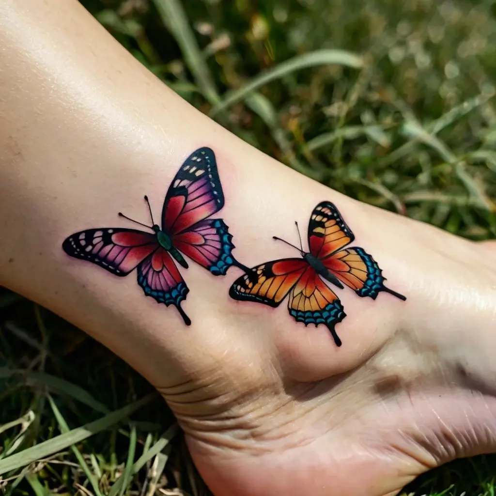 Colorful butterfly tattoo on an ankle, featuring vivid shades of orange, pink, and blue with intricate wing patterns.