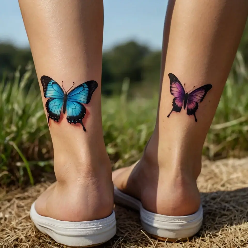 Realistic butterfly tattoos on calves: left is vivid blue, right is purple, both with black accents and red shadowing.