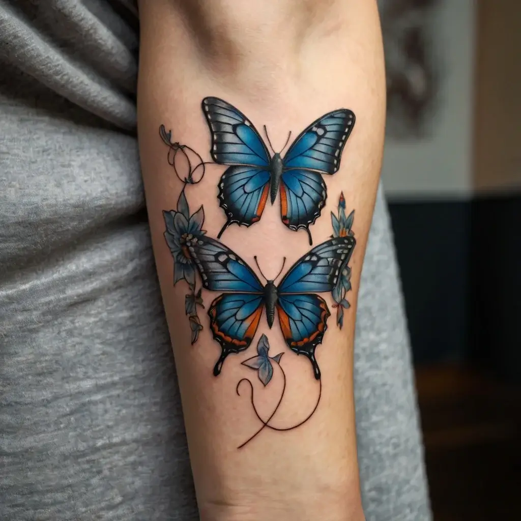 Two vivid blue butterflies with orange accents flutter above intricate floral vines, elegantly detailed on the forearm.