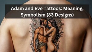 Tattoo of Adam and Eve embracing, surrounded by intricate leaves, symbolizing temptation and the origin myth.